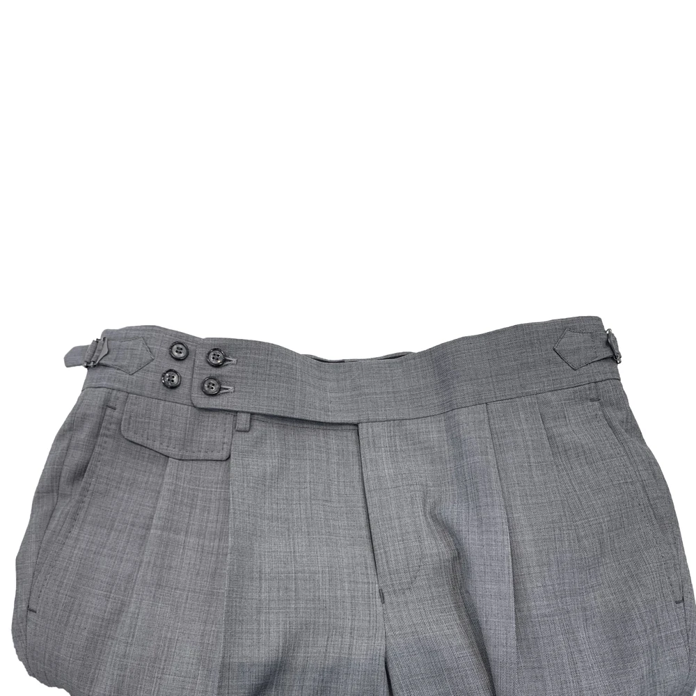 Italian Style Tailor Made Pants Tailored Trousers Grey Sharkskin Slim High Waist Neapolitan Trousers Extended Tab Double Pleats