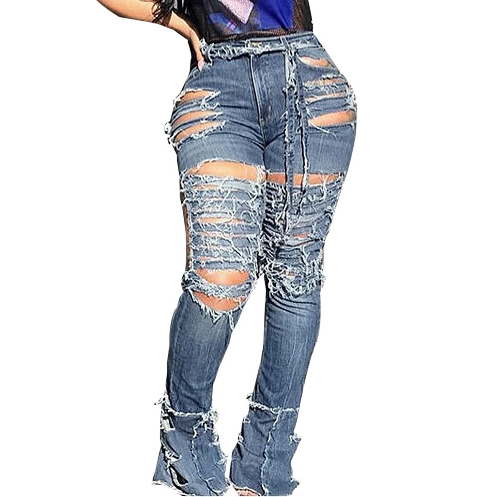Сексуальные выдалбливают рваные джинсы для женщин, индивидуальная высокая талия, дырки, джинсовые штаны, женские повседневные брюки, джинсы, Mujer - Цвет: Синий