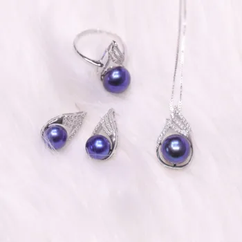 

925 sterling silver dark blue color real freshwater pearl Fin Jewelry Set pendant necklace earrings for women