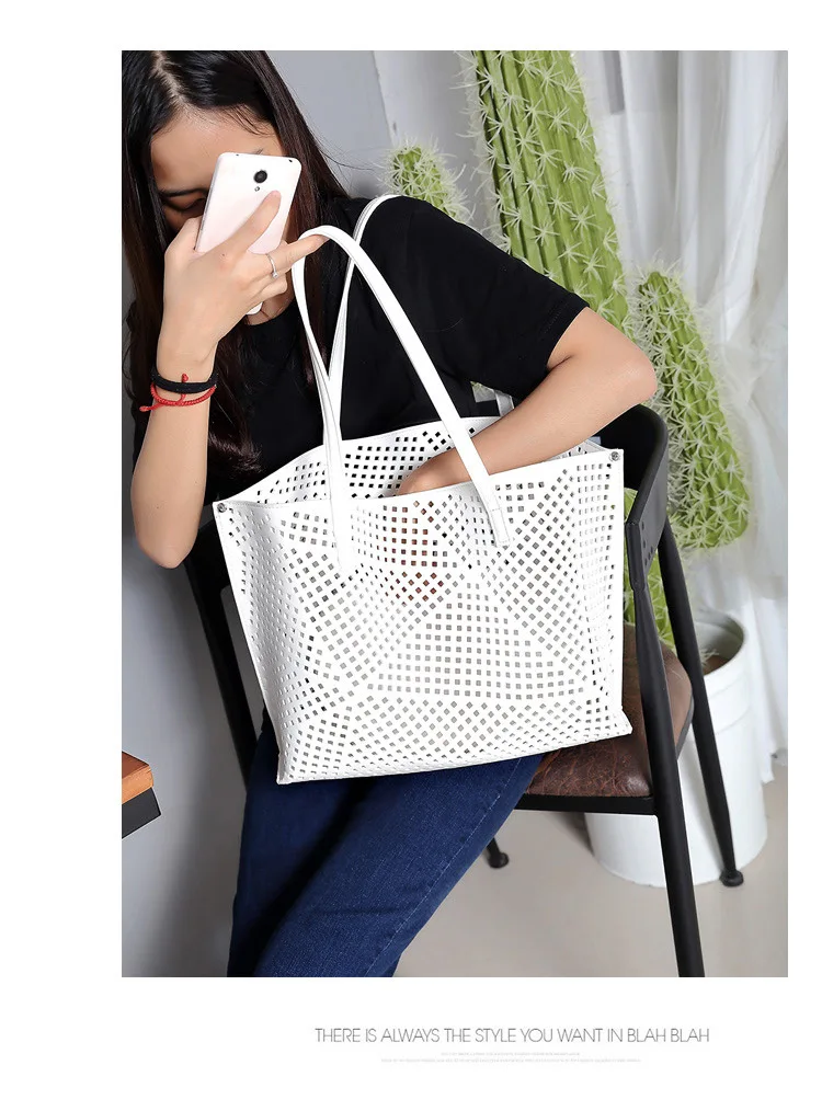 Scofy Fashion Hollow Out Women Large Capacity Tote Bags White Luxury Shoulder Bags for Work 2 Pieces Set Purses and Handbags