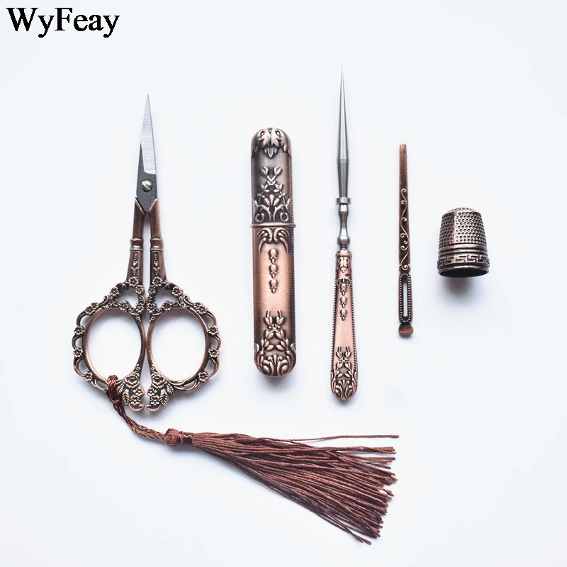 레트로 가위 세트, 절묘한 빈티지 가위, 바늘 보관 튜브, 송곳, 스레더, 골무 자수, 재단사, 재봉 용품
