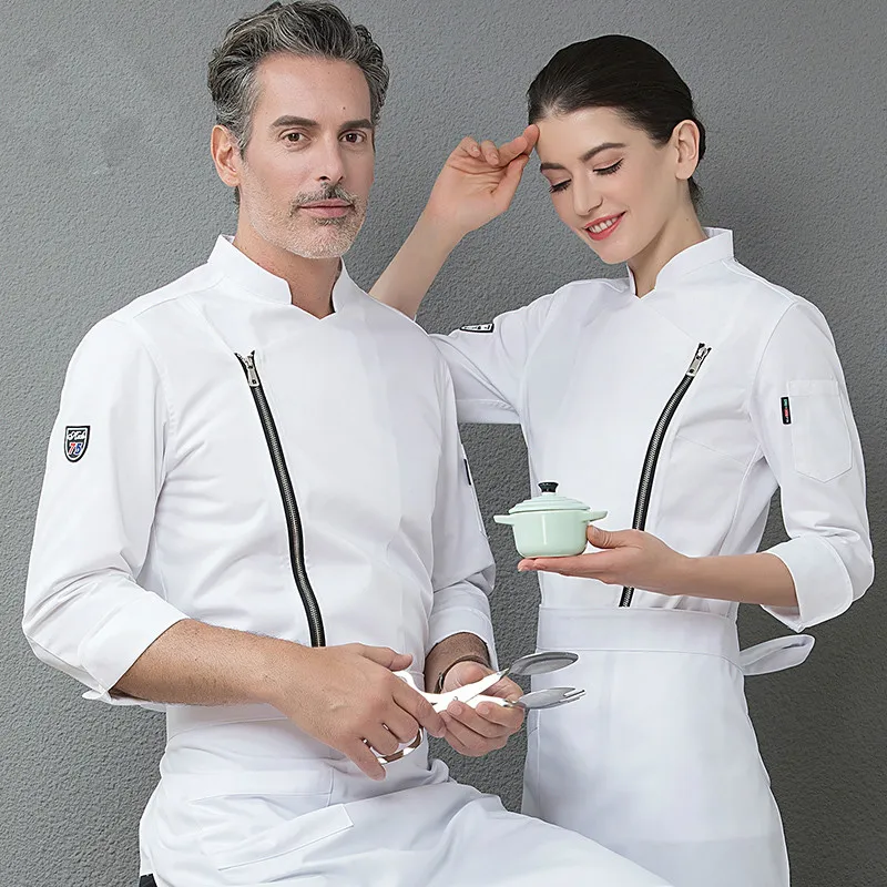 

2color Unisex High Quality Chef Uniform Logo Print Kitchen Cooking Jacket Catering Captain Cafe Bakery Barber Team Clothing