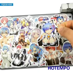 50 Uds. Anime Life In A Different World desde cero, Sexy Emilia Rem, Ram, teléfono, portátil, pegatinas de coche para guitarra, equipaje, pegatina de dibujos animados