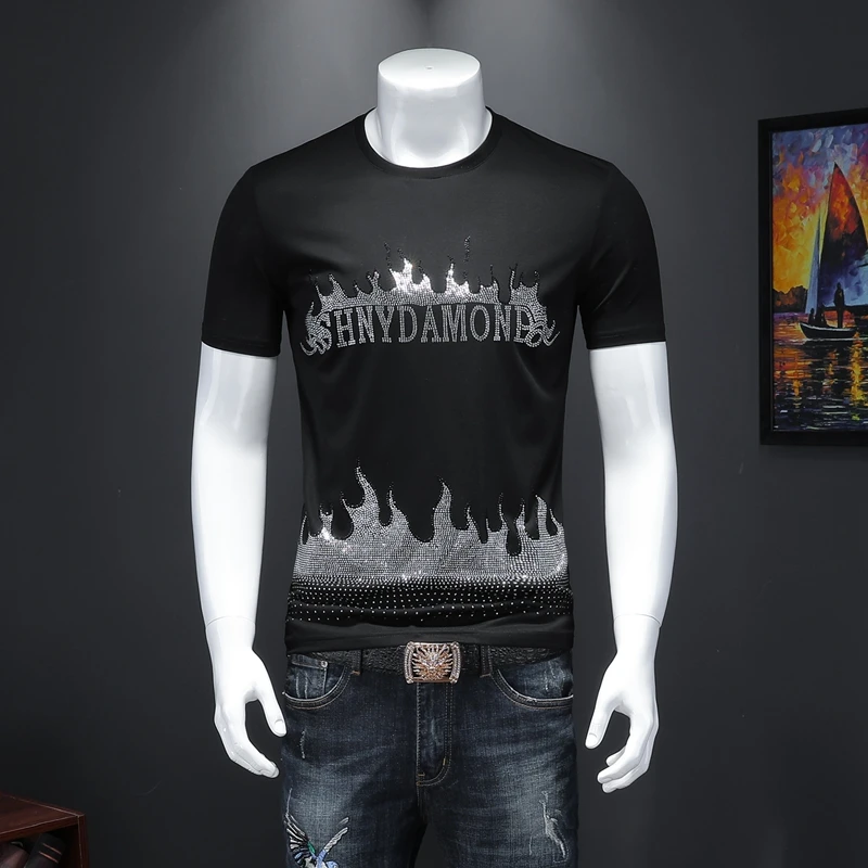 White Flame Rhinestones Tops Mens Print Funny Tee Shirt 2020 Summer Short Sleeve Men T | Мужская одежда