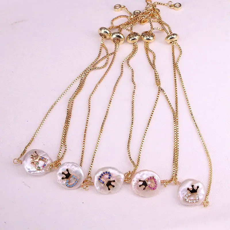 6 шт., натуральный пресноводный жемчуг и CZ проложить сердце с формой короны золотой браслет-цепочка женский модный браслет ювелирные изделия