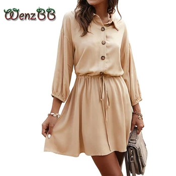 

Wenzbb Elegant Short Dress Women Summer Three Quarter Sleeve Turn-down Collar Button Up Drawstring Tunic Mini Dress Dropshipping
