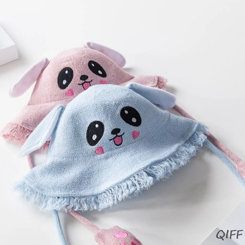 Children Kids Cute Rabbit Ears Animal Bucket Hat Toddler Sun Protection Wide Brim Tassels Funny Moving Airbag Knitted Beanie Cap
