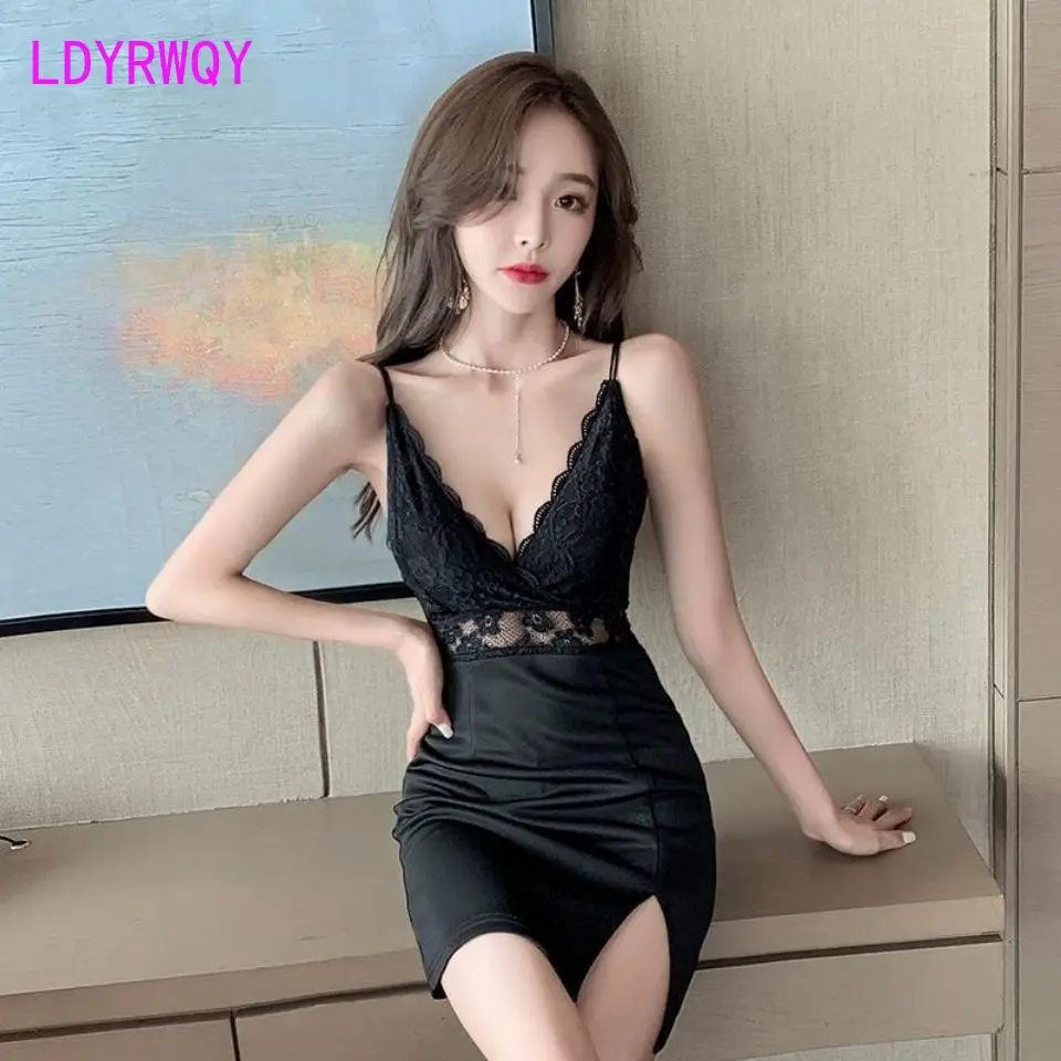 

Nightclub women's sexy dress waist low-cut halter lace stitching skirt sling bag hip Office Lady COTTON