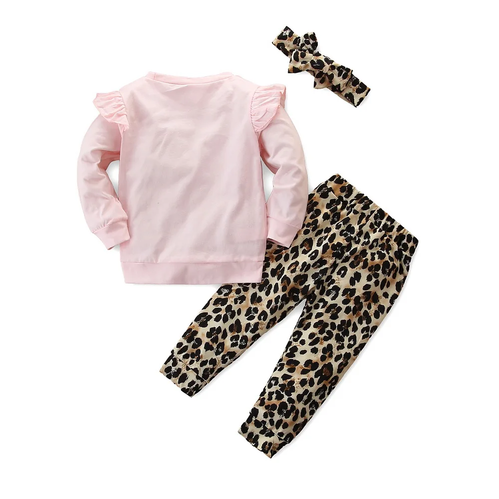Leopard print Baby Girls Outfits Kids Clothes For Girl 4 Years Pink Ruffle Tops+Trousers+Headband Autumn Toddler Clothing D30