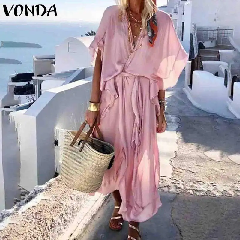 VONDA/платье для беременных; Повседневное Платье макси с v-образным вырезом; богемные платья; летнее однотонное длинное платье; свободные вечерние платья; сарафан для S-5XL