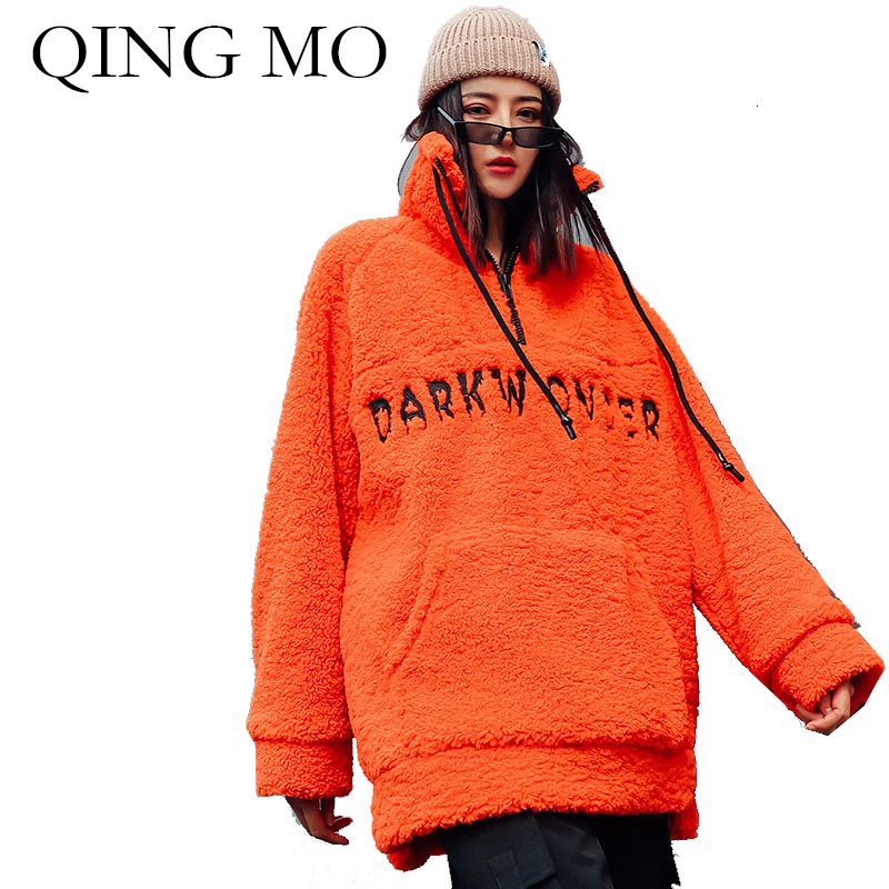 QING MO, черный, оранжевый, Женский пуловер, толстовка,, женская зимняя кашемировая толстовка, с буквенным принтом, толстовка, свободная, ZQY2189