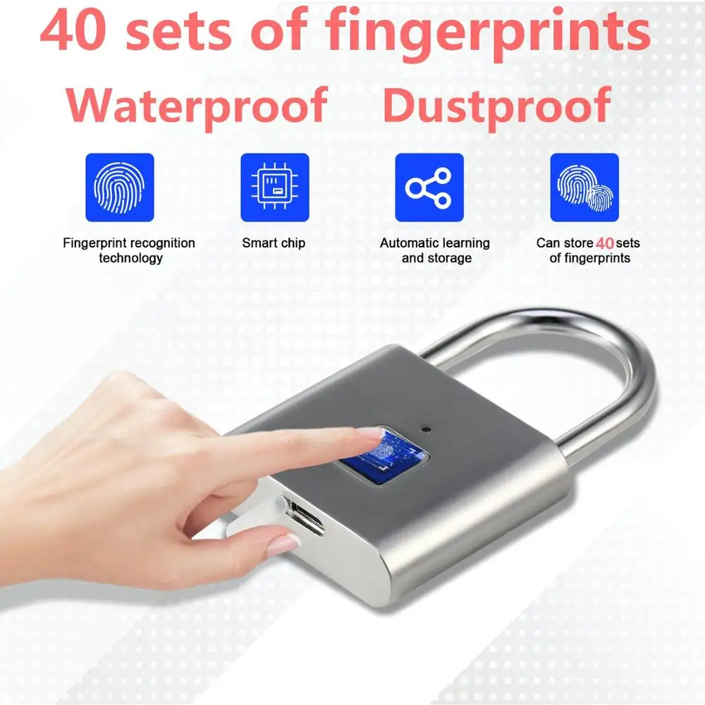 Rechargeable Smart Lock Keyless Fingerprint Lock IP66 Waterproof Anti-Theft Security Padlock Door Luggage Case Lock RSLHY08