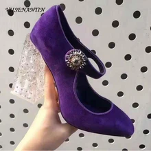 Crystal Clear туфли на толстом высоком каблуке квадратный носок Стразы кожаная обувь в стиле «Мэри Джейн» Туфли замшевые Свадебные туфли-лодочки