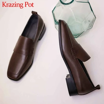 

Krazing Pot full grain leather new solid square toe leisure shoes cozy low heels simple style daily wear women spring pumps L01