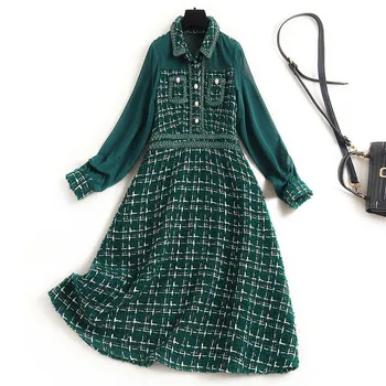 

High Quality Runway Fashion Women Turn Down Collar Vintage Plaid Patchwork Tweed Woolen Dress Autumn Winter Clothes 2020