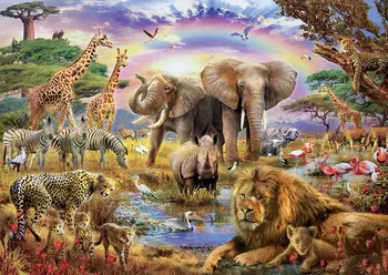 

JOHNSON Watering Hole Rainbow Animal Lion Elephant Zebra Giraffe Tree River background Computer print party backdrop