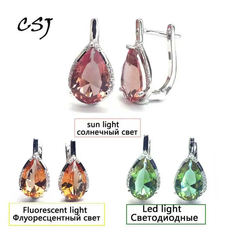 Koop CSJ Elegante Zultanite Earring Sterling 925 Zilver water drop peer 8*10mm Gemaakt Sultanite Fijne Sieraden Vrouwen wedding Party Gift