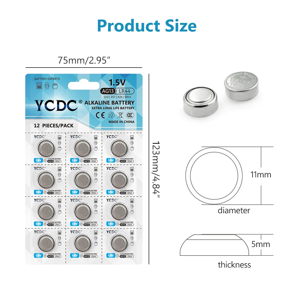 YCDC 12Pcs AG13 LR44 357A S76E G13 Button Coin Cells 1.5V Alkaline Batteries Tablets Batteries Single Use Watch Battery