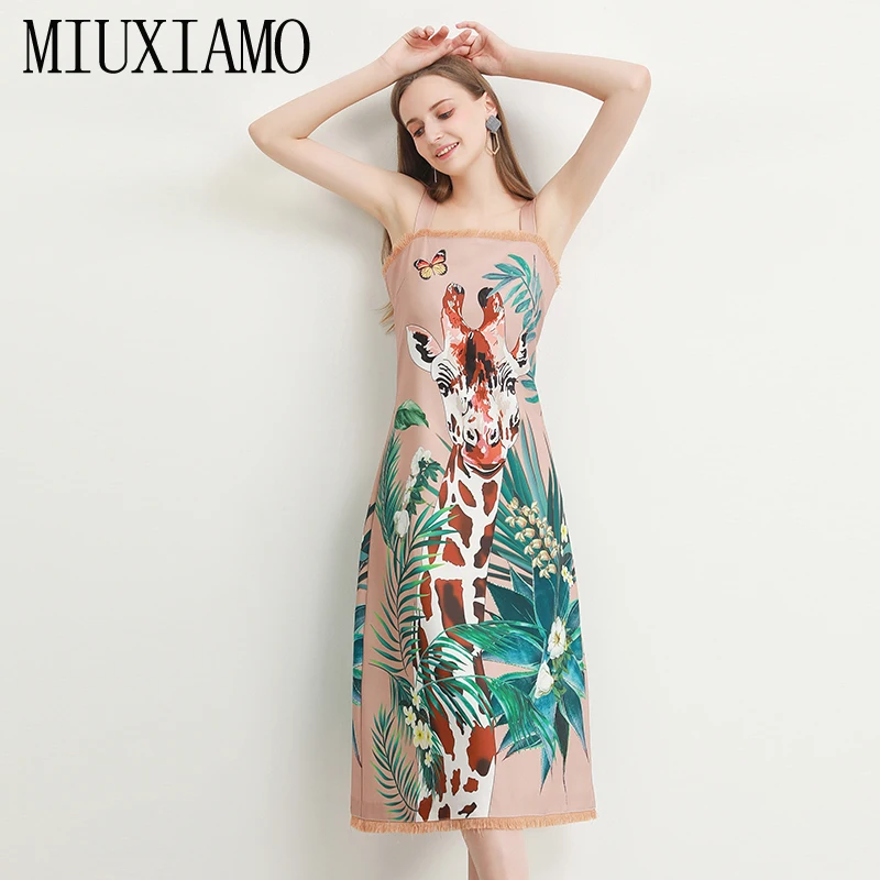 MIUXIMAO, высокое качество, осень и весна, платье с принтом жирафа и бабочек, с кисточками, офисное женское Элегантное повседневное платье, женские платья