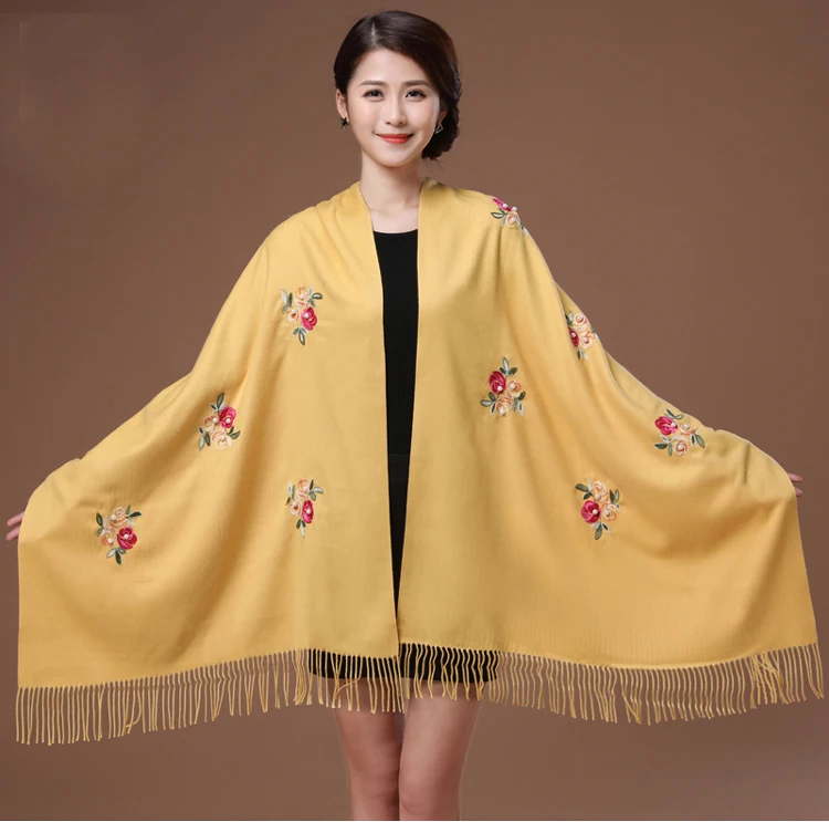 Негабаритный Женский кашемировый вышитый цветок бисер пашмины длинный осенне-зимний шарф мягкое теплое пальто с кисточками Bufanda Mujer