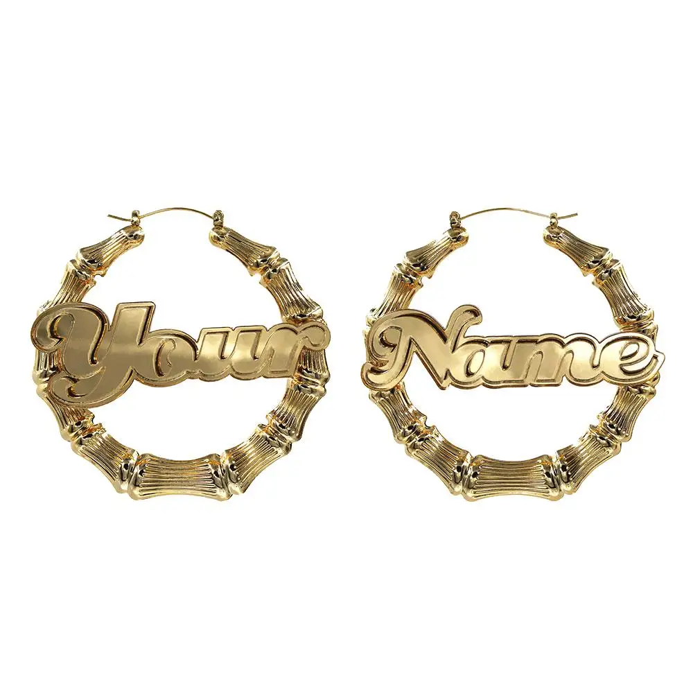 

Gold Plated Personalized Bamboo Hoop Name Earrings Customized Name Earring Stainless Steel For Women Hip Hop Punk Jewelry Gift
