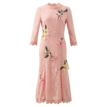 

spring 2020 new woman Womanliness dress three-dimensional greenish lily flower elegant Long sleeves Party Dress wedding dresses