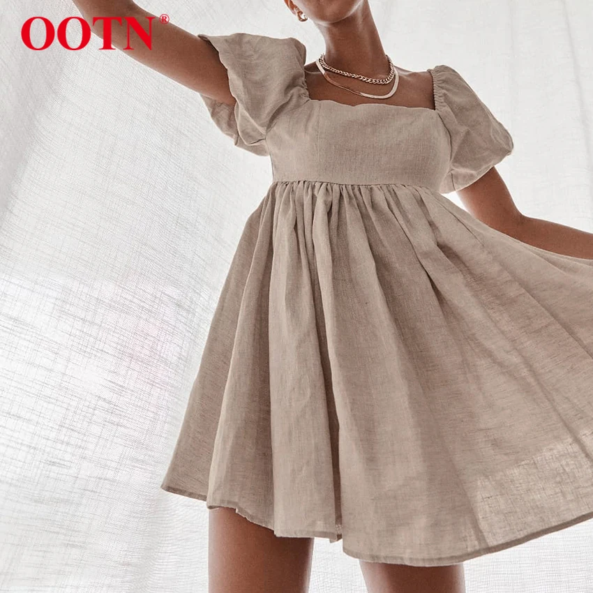 Ladies Dress Puff-Sleeve Square Collar Linen Khaki Vintage High-Waist Casual Summer Women
