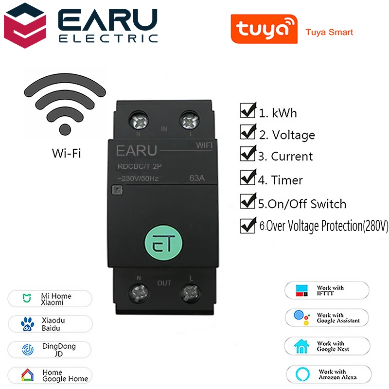 TUYA APP 2P Smart WIFI Circuit Breaker Voltage Energy Power kWh Meter Time Timer Relay Switch Voltmeter Ammeter Remote Control