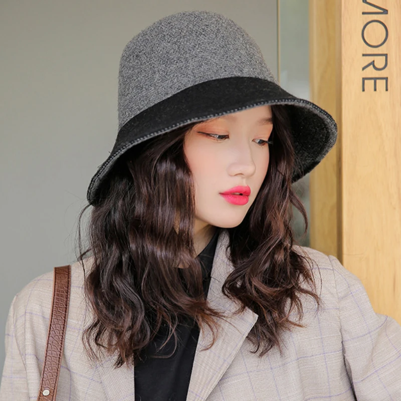 HT2768 New Fashion Knitted Hat Elegant Warm Autumn Winter Wool Hat Lady Wide Brim Bucket Hat Female Patchwork Fishing Bucket Cap