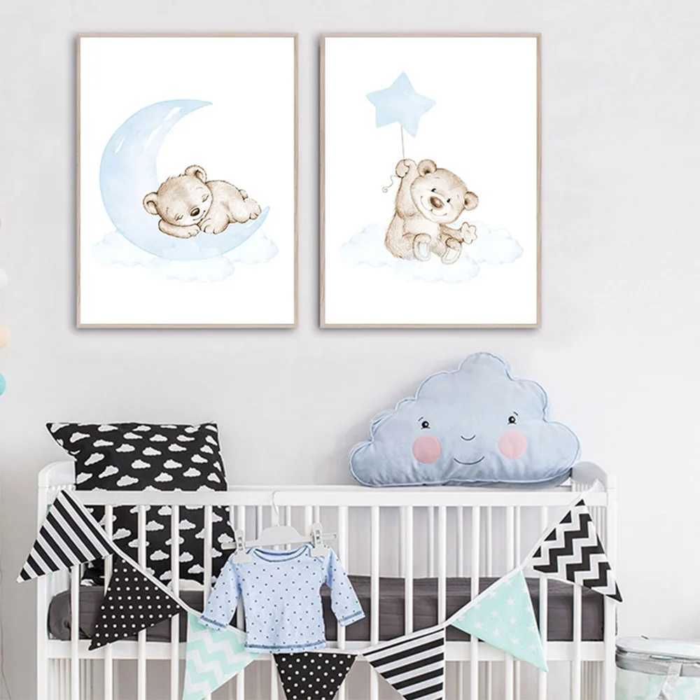 Lovely-Bear-Child-Wall-Poster-Canvas-Art-Print-Simple-Cartoon-Moon-Star-Painting-Nordic-Kids-Decor