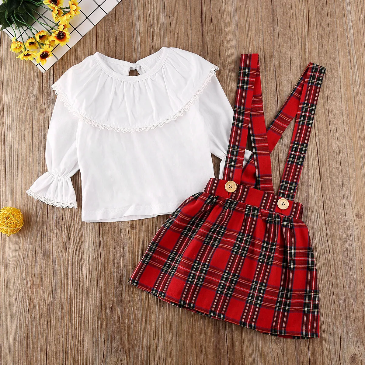 Осенне-осенняя Рождественская Одежда для новорожденных девочек, белый топ с оборками, клетчатая юбка на бретелях, комплект одежды