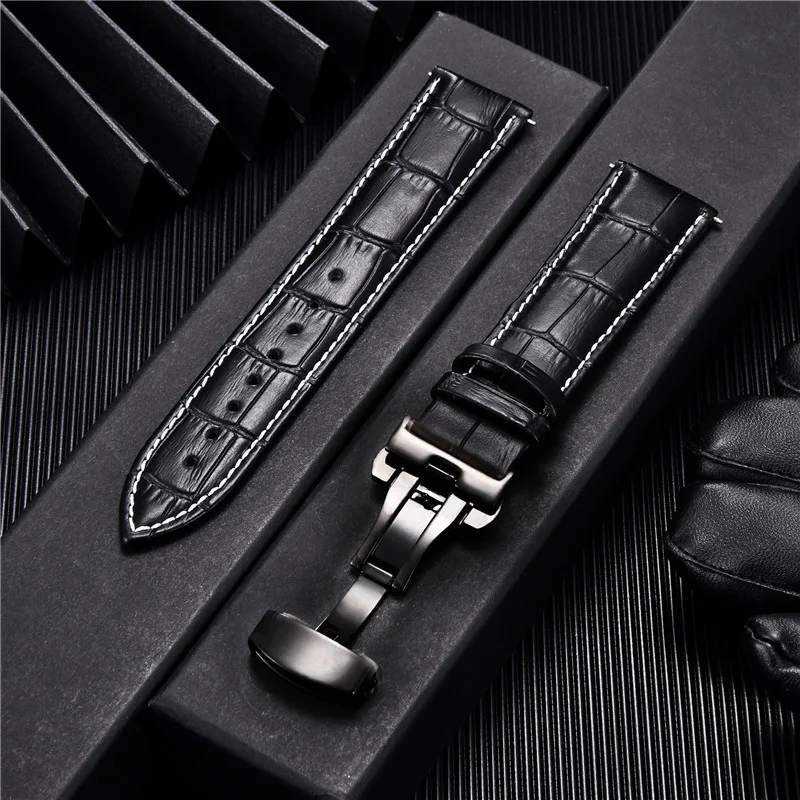 Premium Genuine Leather Watchband with Butterfly Buckle - Elegant Men's Strap Accessory
