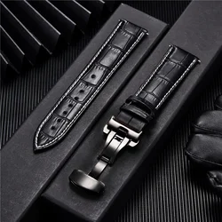 Premium Genuine Leather Watchband with Butterfly Buckle - Elegant Men's Strap Accessory - 22mm (Black black W)