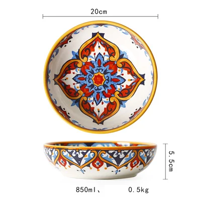 Керамическая тарелка и блюдо для салата, набор бытовой подглазурной посуды в этническом стиле, большая тарелка для стейка, набор посуды - Цвет: 8inch bowl