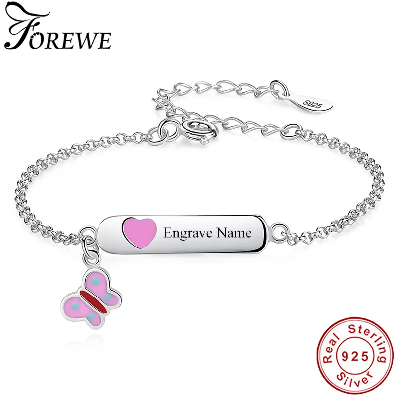 

Personalized Custom Name Bracelet 925 Sterling Silver Pink Butterfly Chain Bracelet for Baby Girls Kids Jewelry Christmas Gift