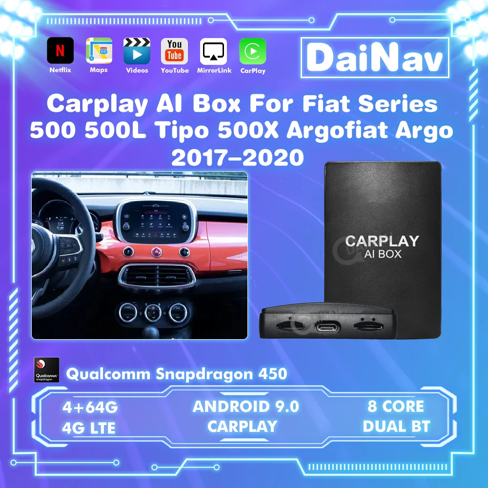 Video Ai Box Wireless CarPlay For Fiat 500 500L Tipo 500X Argofiat Argo