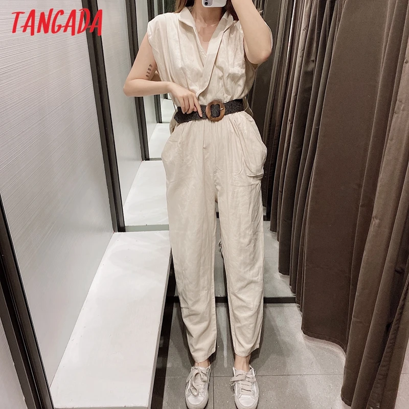 Tangada Women summer cotton linen jumpsuit with belt Sleeveless pocket strethy waist female casual Jumpsuit 5Z198 Tangada Women summer cotton linen jumpsuit with belt Sleeveless pocket strethy waist female casual Jumpsuit 5Z198