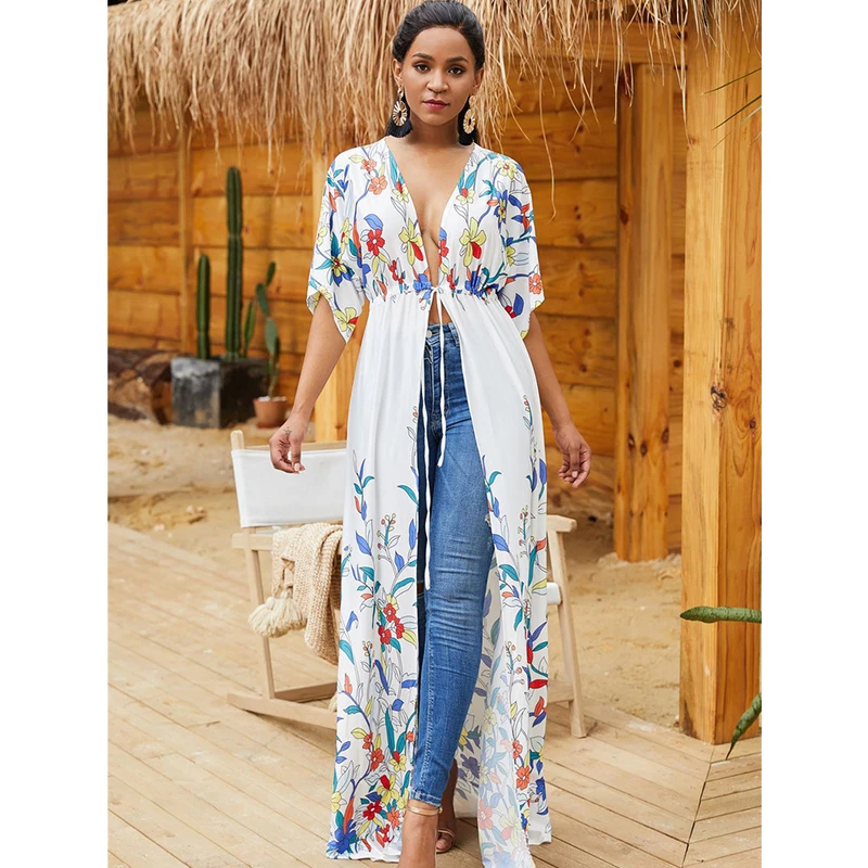 bikini cover up dress 2021 Sexy Cotton Beach Cover Up Women Bikini Swimwear Cover Ups Long Beach Dress Floral Print Holiday Dress Cardigan Beachwear lace bathing suit cover up