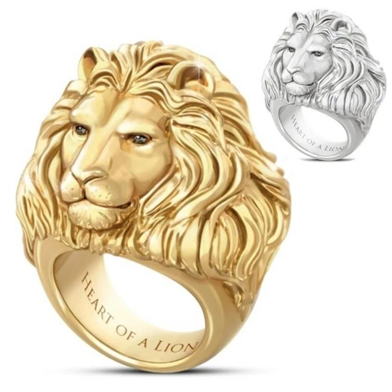 Anillo de león dorado con diseño cabeza león para hombre y mujer, anillo de aleación con letras, corazón de cabeza de león, regalos de joyería|Anillos| - AliExpress