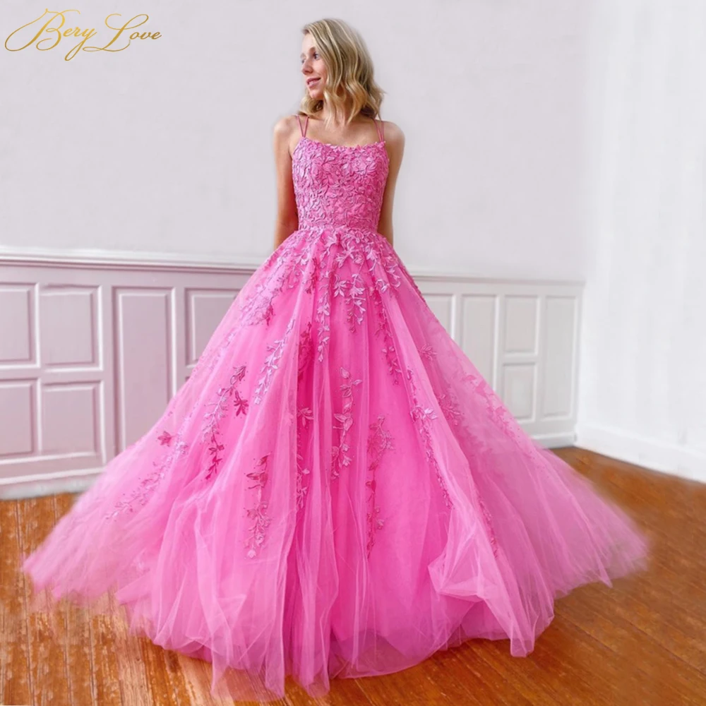 Fushia Lace Prom Dress 2023 Long Flower Dresses A line Appliques Lovely