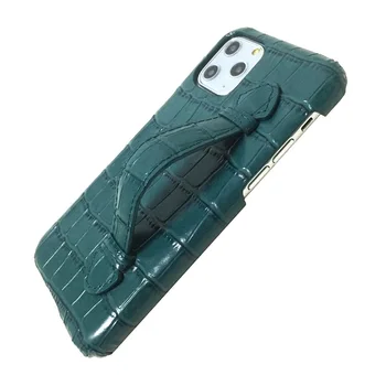 

Solque Genuine leather cute hand strap holder case for iPhone 11 Pro Max 11Pro phone cases luxury croco thin hard cover Green