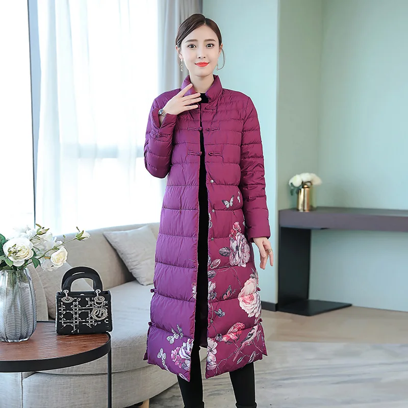 

Photo Shoot 6553 Winter New Style Large Size Mid-length Ethnic-Style Stand Collar Frog down Jacket Women's Slim Fit Thick down F