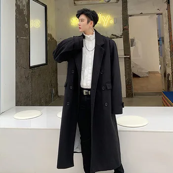 

Male Streetwear Hip Hop Gothic Trench Coat Men Vintage Double Breasted Loose Black Thick Woolen Windbreaker Long Jacket Overcoat