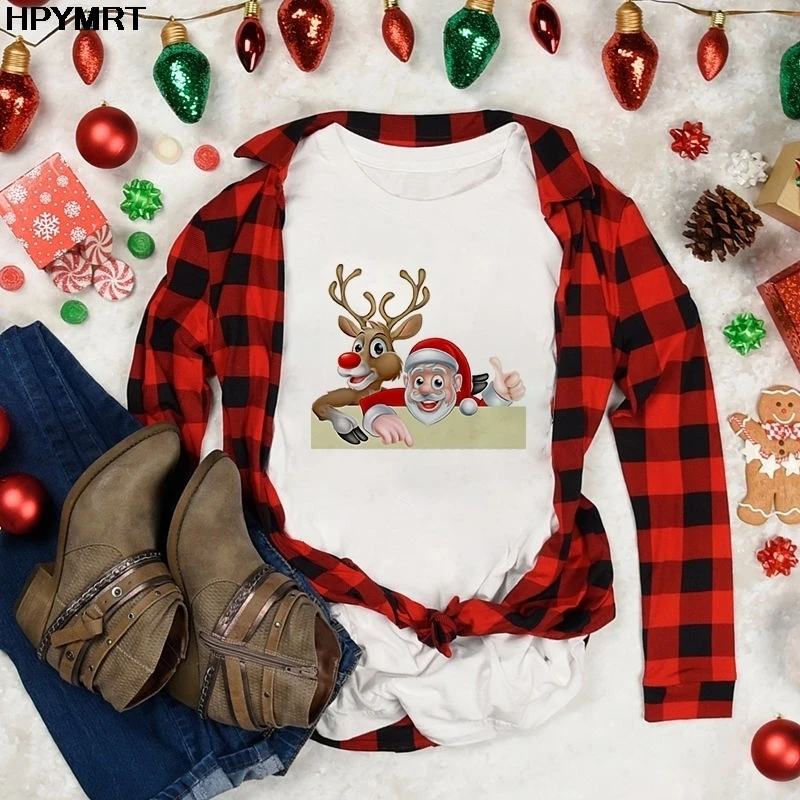 

Kawaii Santa and Reindeer t shirt women 2020 New cute Merry Christmas fashion Short Sleeve t-shirt Hipster Tshirt Tops clothing