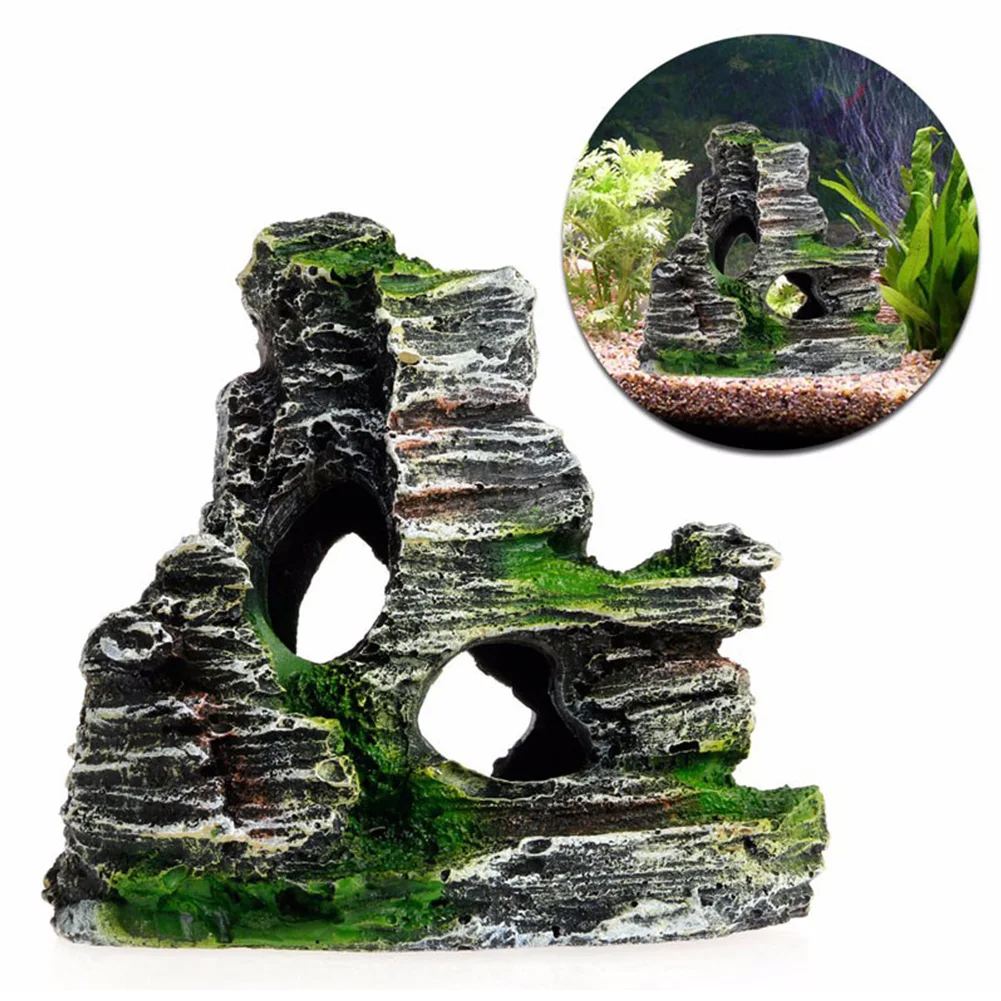 Artificial Moss Hiding Cave Mountain View Underwater Fish Tank Ornament Landscaping Craft Living Room Resin Aquarium Rockery buddha statue for aquarium