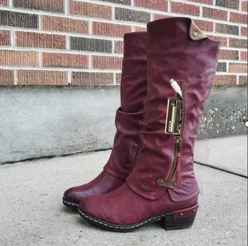 

New 2020 Zip Women's Boots Round Toe Mid-heel Zipper Knight Boots Square Heel Long-tube Women's Boots Zapatos De Mujerp