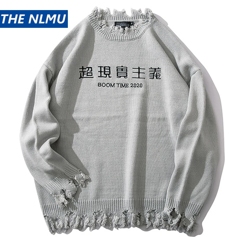 

Mens Pullover Sweaters Surrealism Print Streetwear Casual Loose Broken Neckline Hem Sweaters 2020 Fashion Spring Male HT100