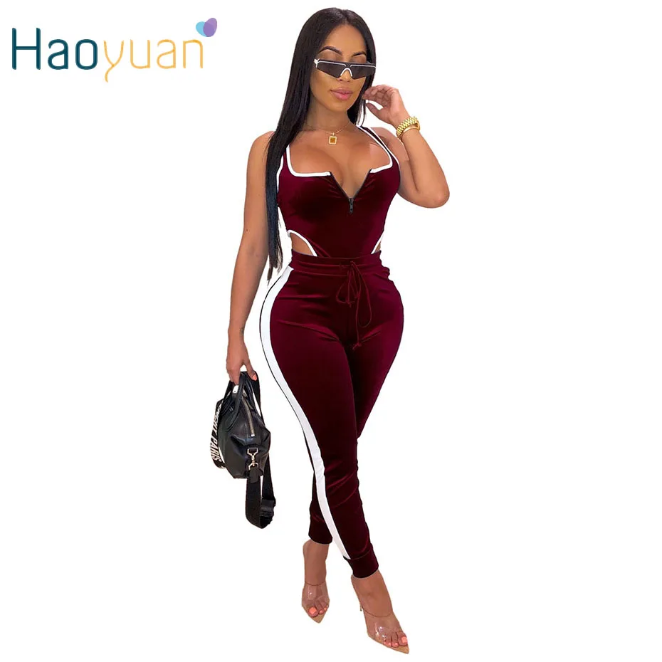 

HAOYUAN Sexy Velvet Two Piece Set Tracksuit Women Clothes Bodysuit Top and Joggers Pant Sweat Suit 2 Piece Outfits Matching Sets
