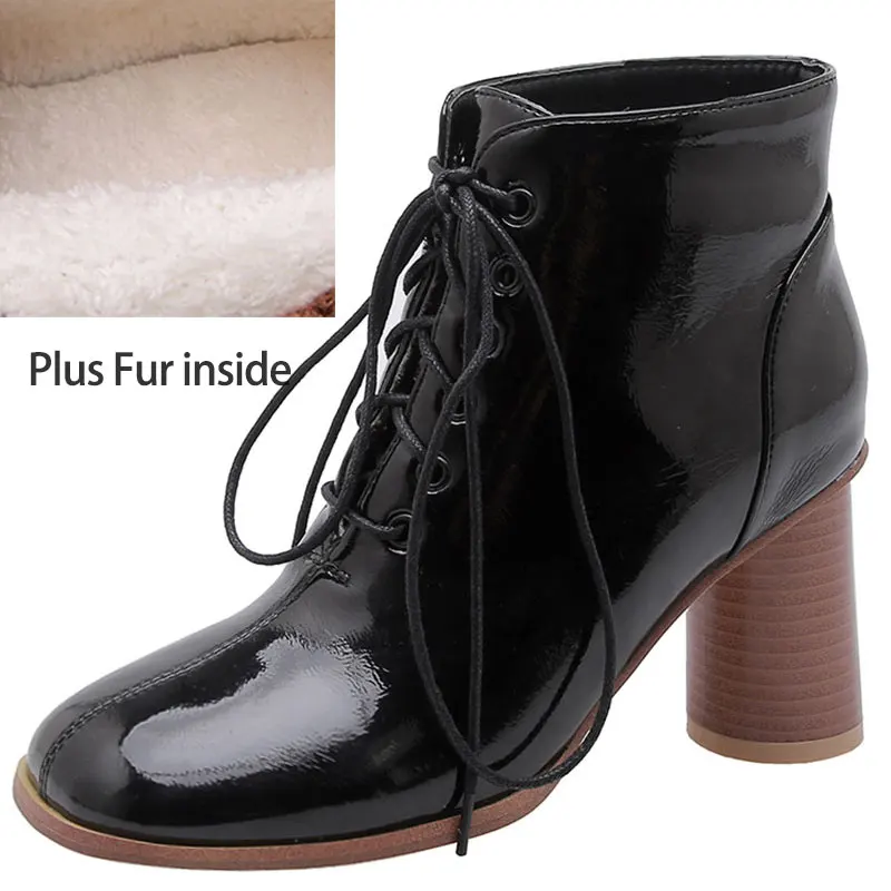 Plus Fur Black Sgesvier/женские ботинки из искусственной кожи на шнуровке; женские модельные туфли черного цвета на высоком каблуке с круглым носком; женские ботильоны; большие размеры 32-48; G712 - Цвет: Plus Fur Black