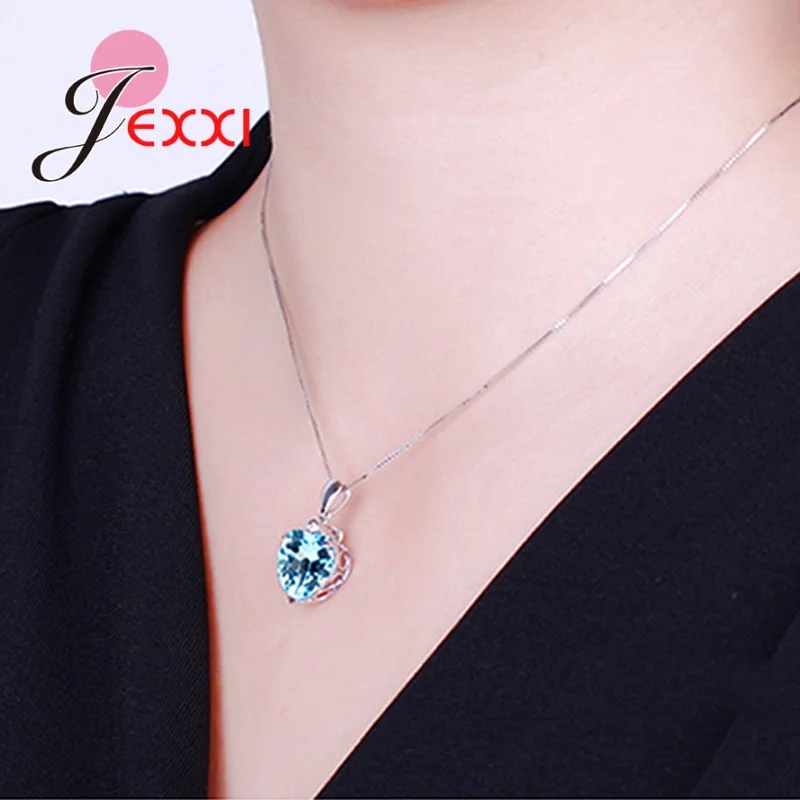 Pendant necklace Elegant Luxury Blue Crystal Rhinestone Heart Pendant Necklace Women AAA Zircon 925 Sterling Silver Birthday Wedding Jewelry